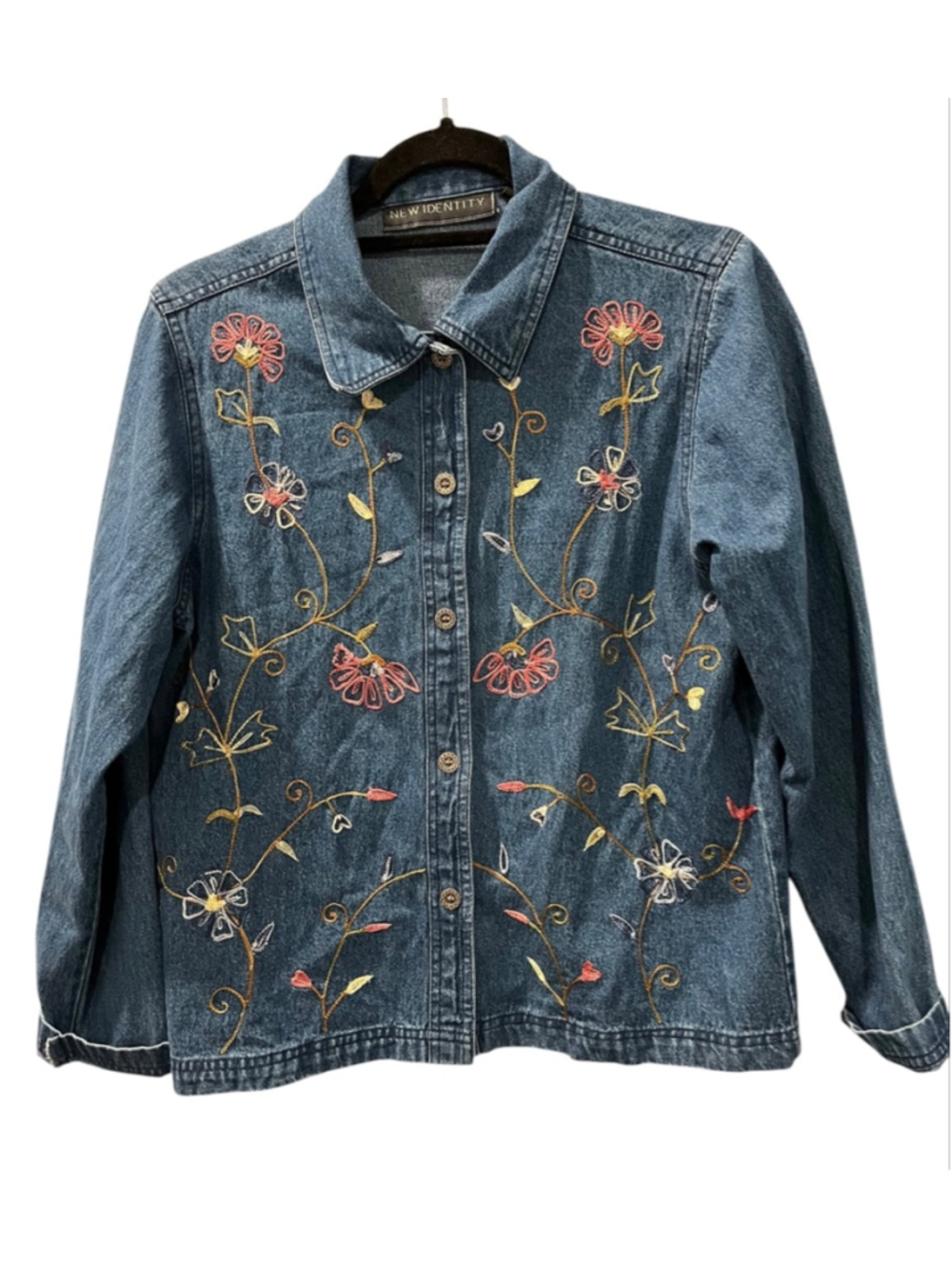 Vintage New Identity Embroidered Denim Jacket Floral Cottagecore Shirt Small 90s